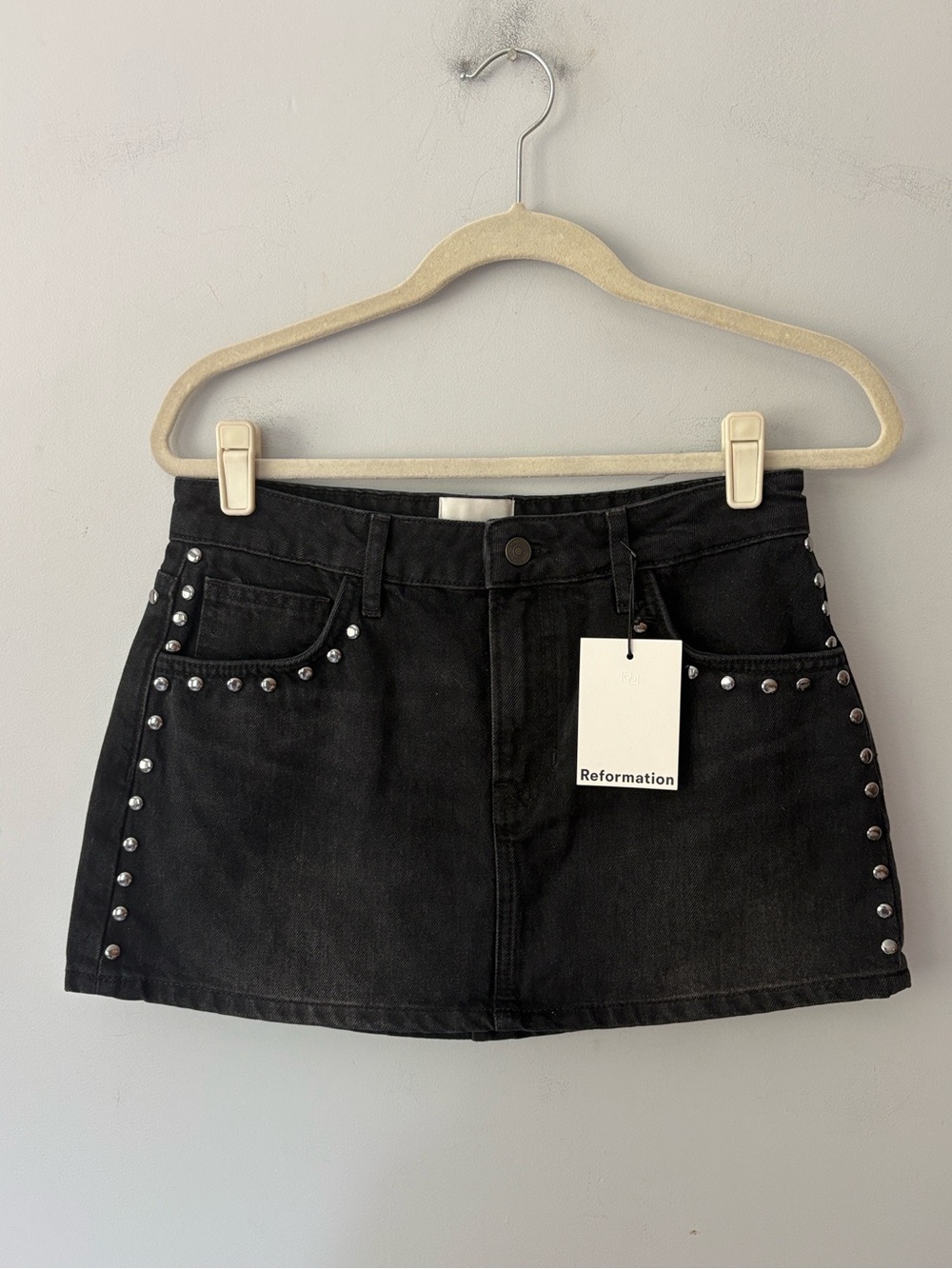 Reformation Hazel Black Denim Studded Mini Skirt